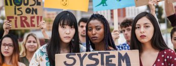 Group of demonstrators on road, young people fight for climate change