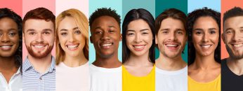 Happy various people faces, collection of portraits, panorama