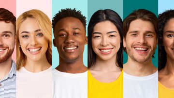 Happy various people faces, collection of portraits, panorama